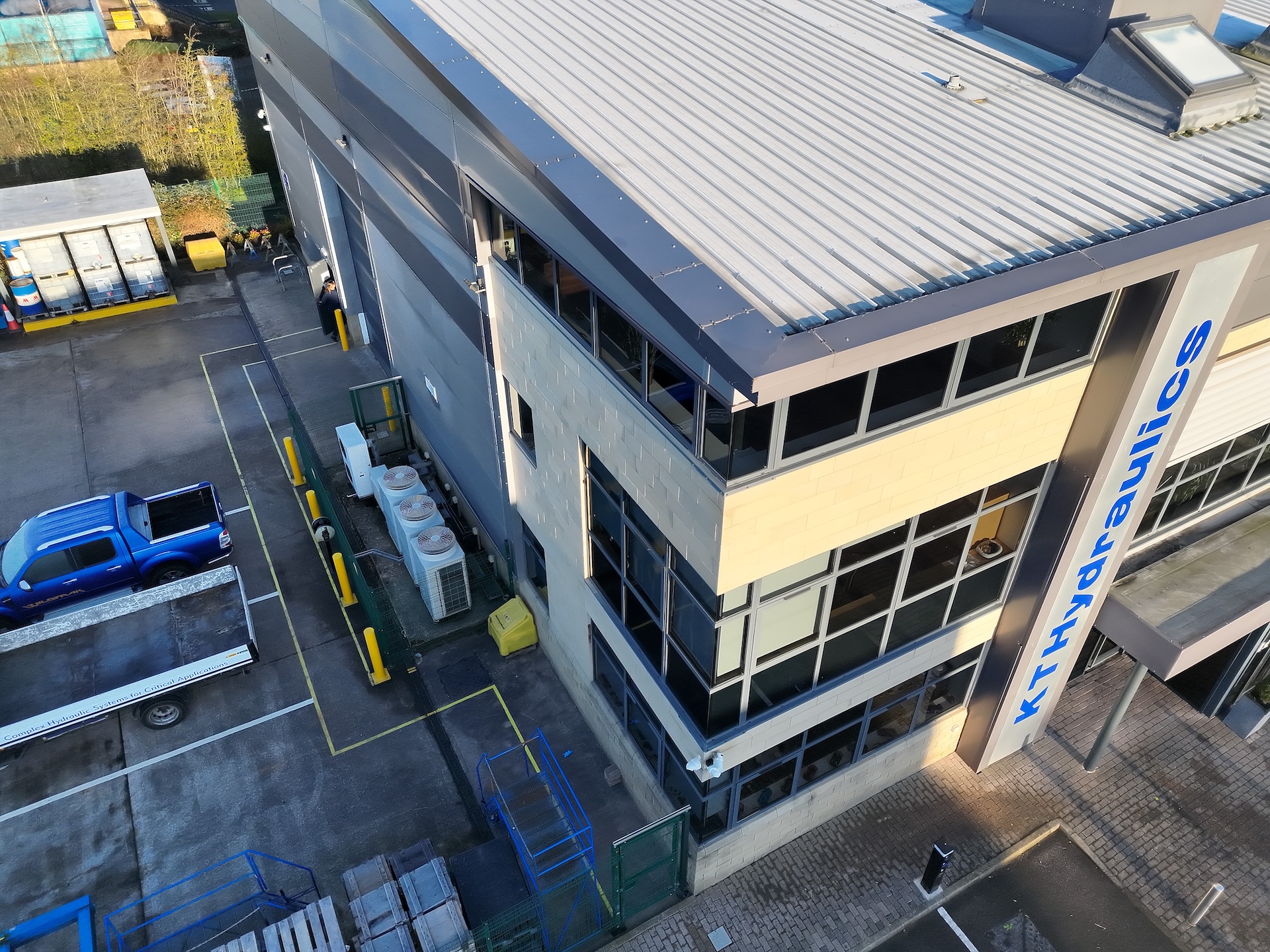 Aerial view of commercial building roof captured during drone inspection in Leeds